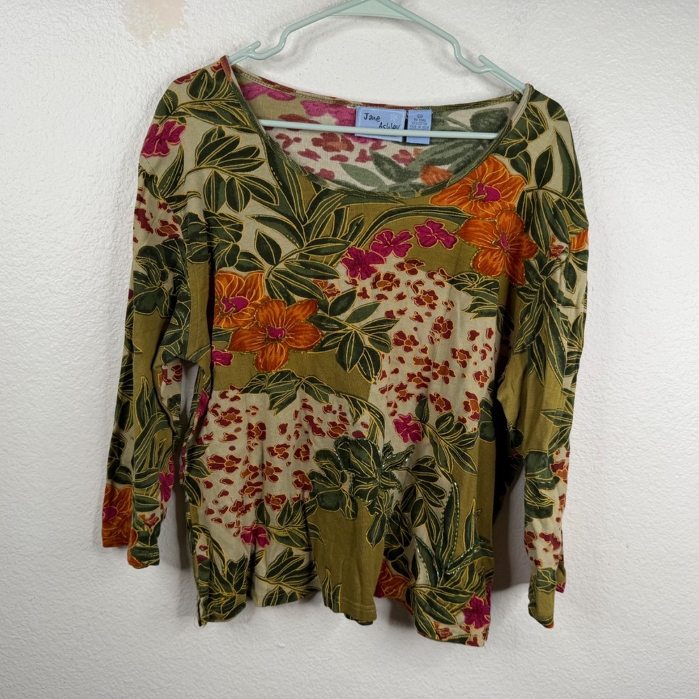 Jane Ashley Top Women's 3/4 Sleeves Beaded Multicolor Sz 2X Tropical Floral Boho
